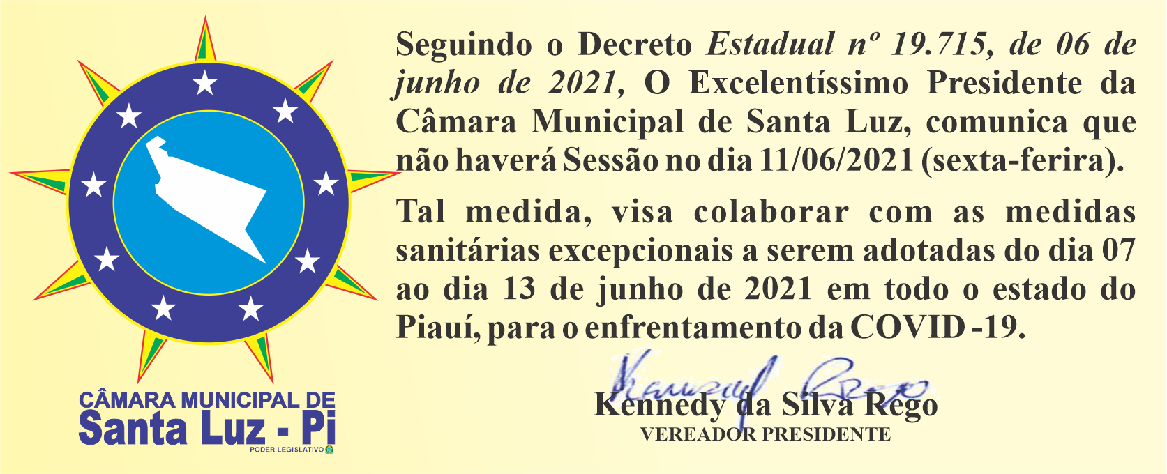 SESSÃO ORDINARIA DO DIA 11/06/20201 SERÁ SUSPENSA